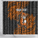Personalized Wests Tigers Rugby Shower Curtain Polynesian Tribal Tiger Warrior - Orange Black Art