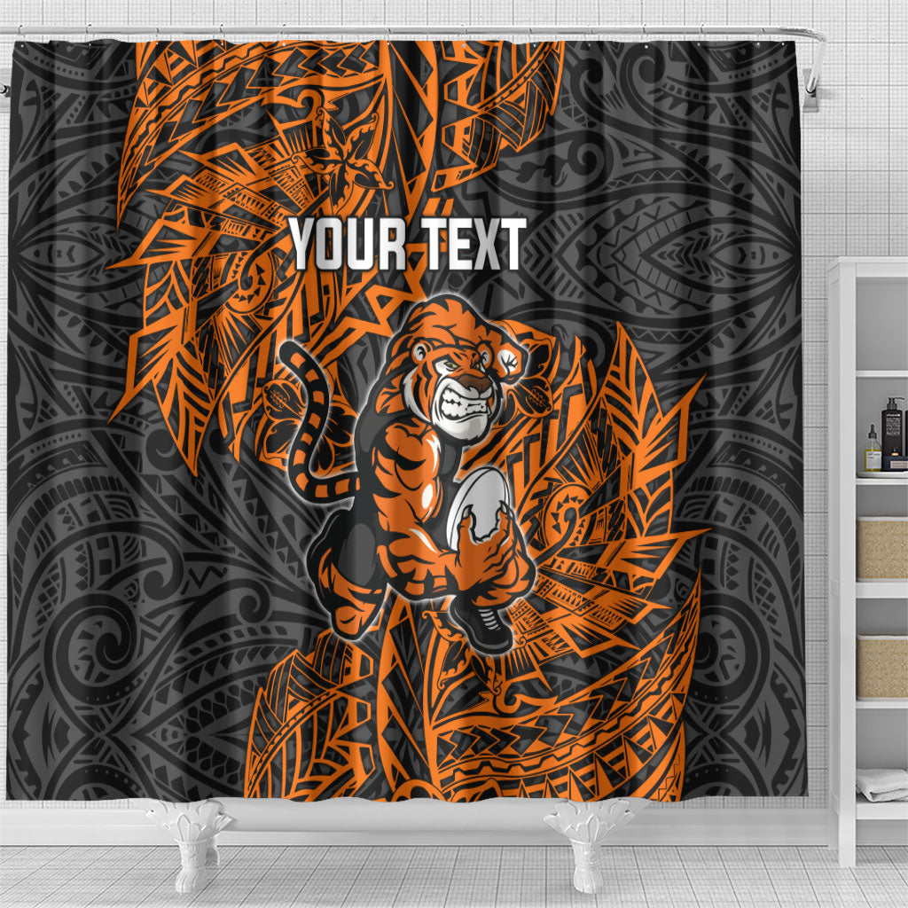 Personalized Wests Tigers Rugby Shower Curtain Polynesian Tribal Tiger Warrior - Orange Black Art