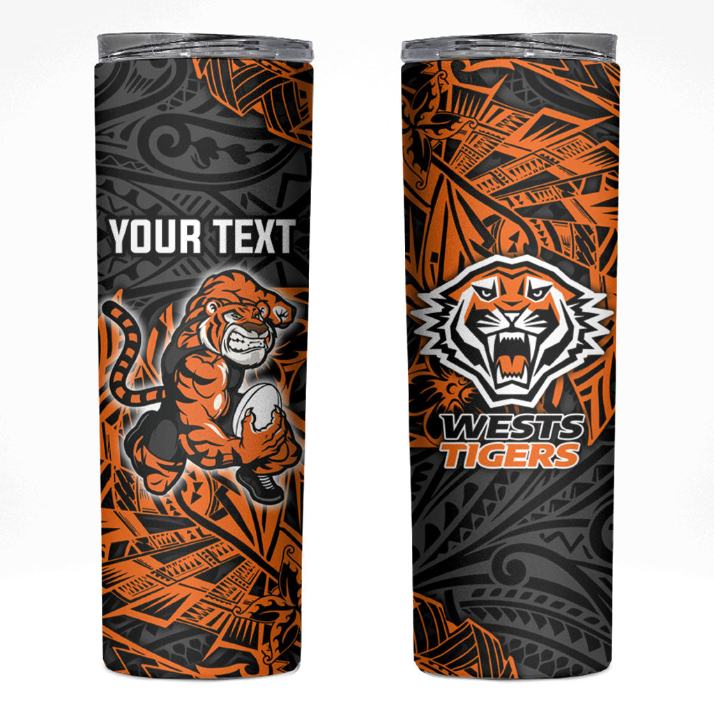 Personalized Wests Tigers Rugby Skinny Tumbler Polynesian Tribal Tiger Warrior - Orange Black Art