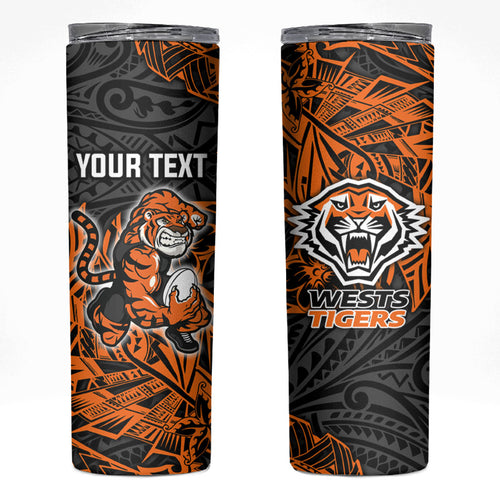 Personalized Wests Tigers Rugby Skinny Tumbler Polynesian Tribal Tiger Warrior - Orange Black Art