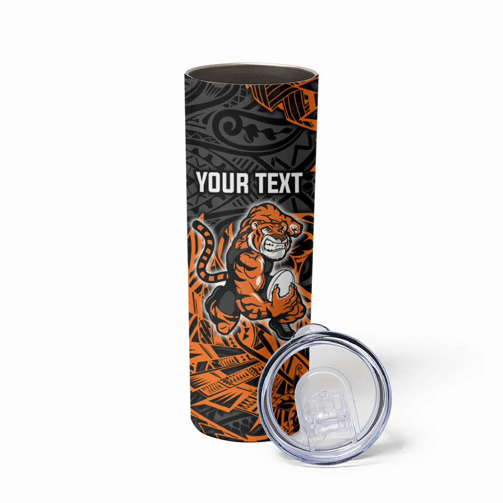 Personalized Wests Tigers Rugby Skinny Tumbler Polynesian Tribal Tiger Warrior - Orange Black Art