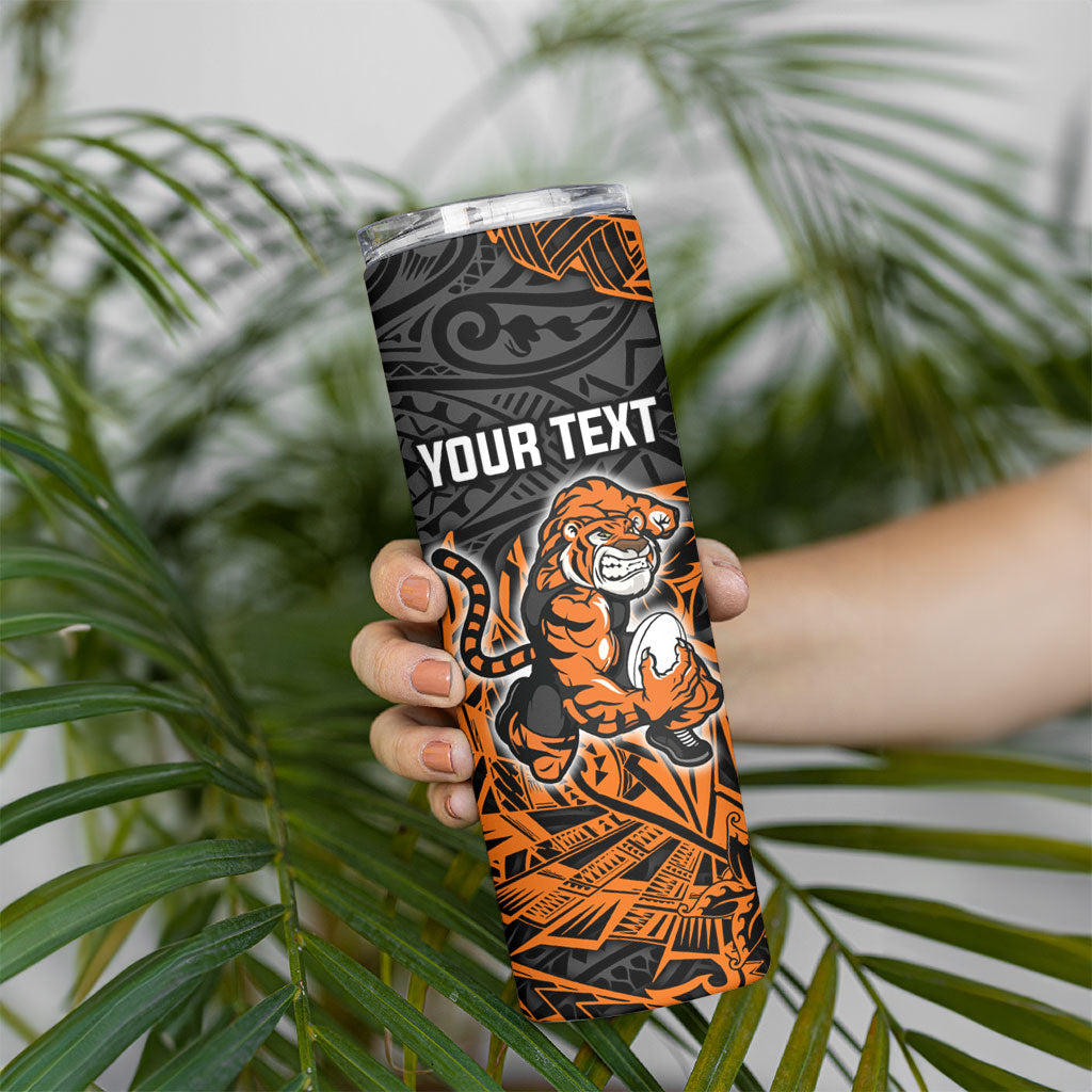 Personalized Wests Tigers Rugby Skinny Tumbler Polynesian Tribal Tiger Warrior - Orange Black Art