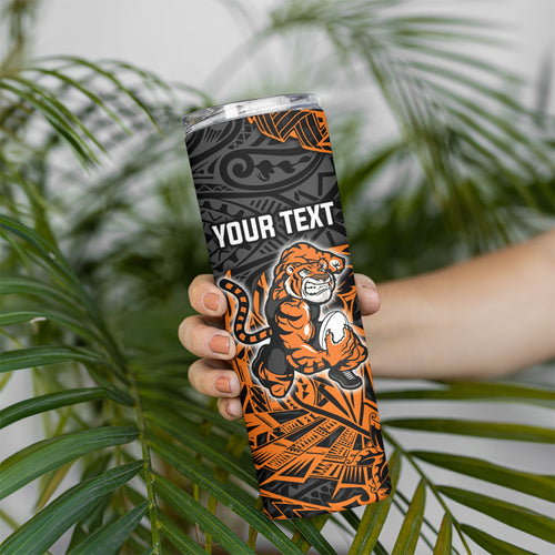 Personalized Wests Tigers Rugby Skinny Tumbler Polynesian Tribal Tiger Warrior - Orange Black Art