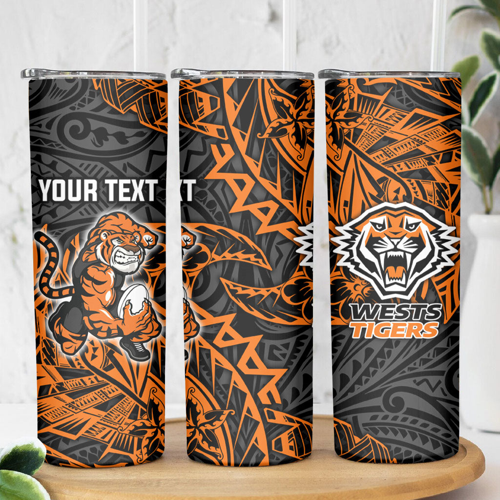 Personalized Wests Tigers Rugby Skinny Tumbler Polynesian Tribal Tiger Warrior - Orange Black Art