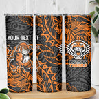 Personalized Wests Tigers Rugby Skinny Tumbler Polynesian Tribal Tiger Warrior - Orange Black Art