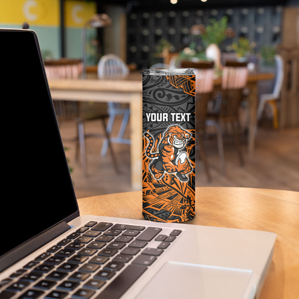 Personalized Wests Tigers Rugby Skinny Tumbler Polynesian Tribal Tiger Warrior - Orange Black Art