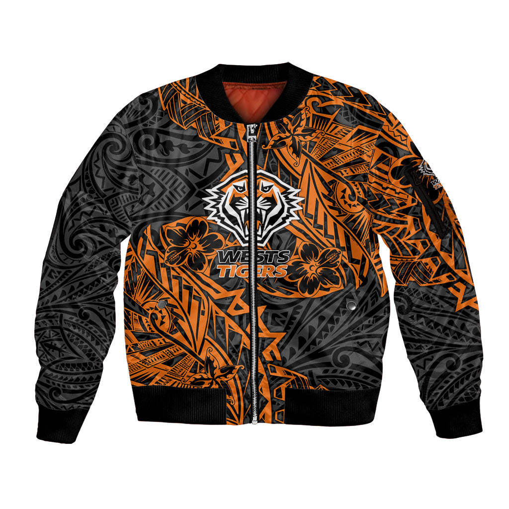 Personalized Wests Tigers Rugby Sleeve Zip Bomber Jacket Polynesian Tribal Tiger Warrior - Orange Black Art