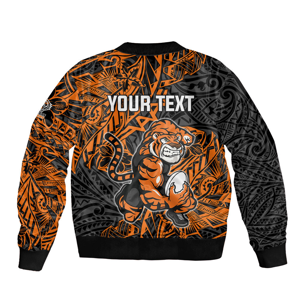Personalized Wests Tigers Rugby Sleeve Zip Bomber Jacket Polynesian Tribal Tiger Warrior - Orange Black Art