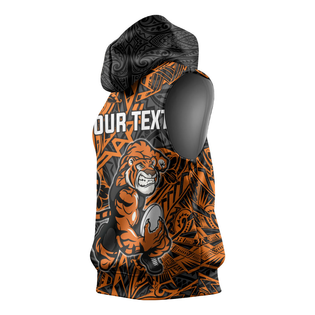 Personalized Wests Tigers Rugby Sleeveless Hoodie Polynesian Tribal Tiger Warrior - Orange Black Art