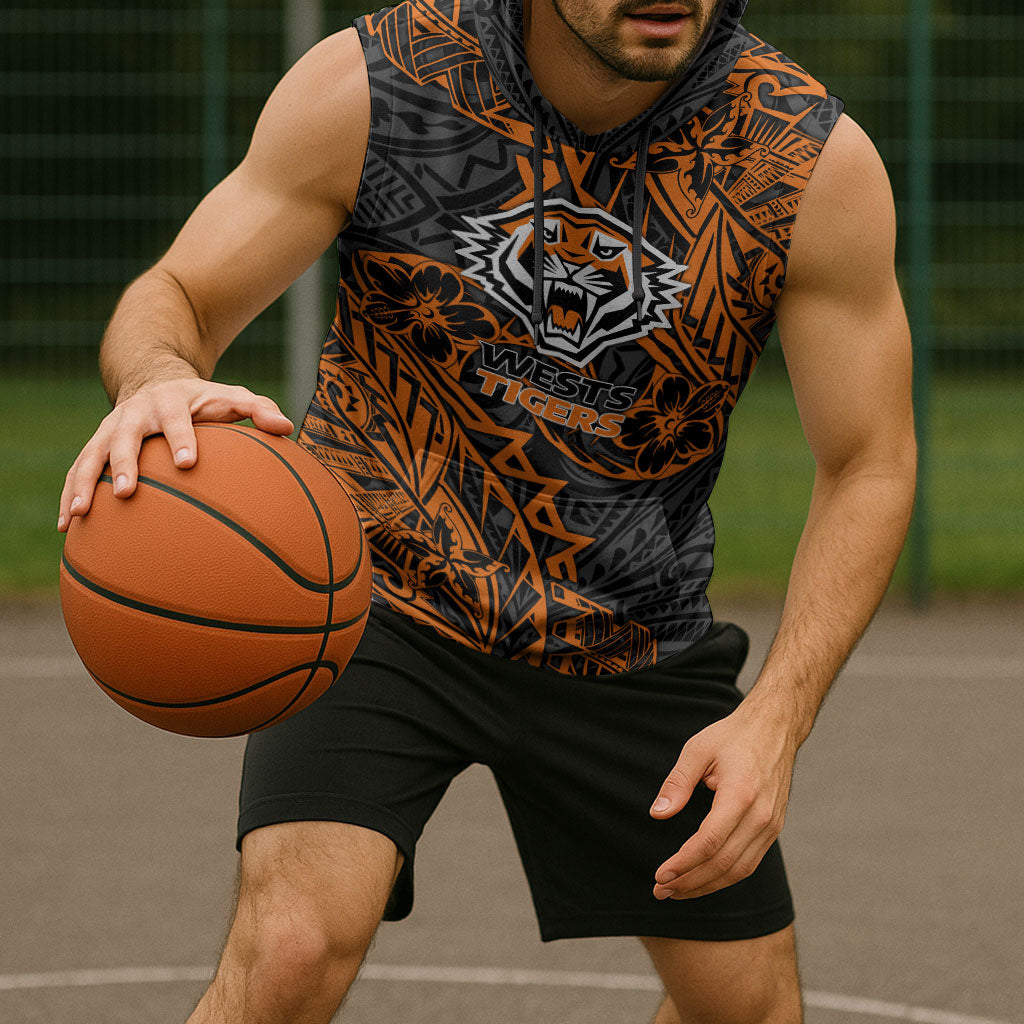Personalized Wests Tigers Rugby Sleeveless Hoodie Polynesian Tribal Tiger Warrior - Orange Black Art
