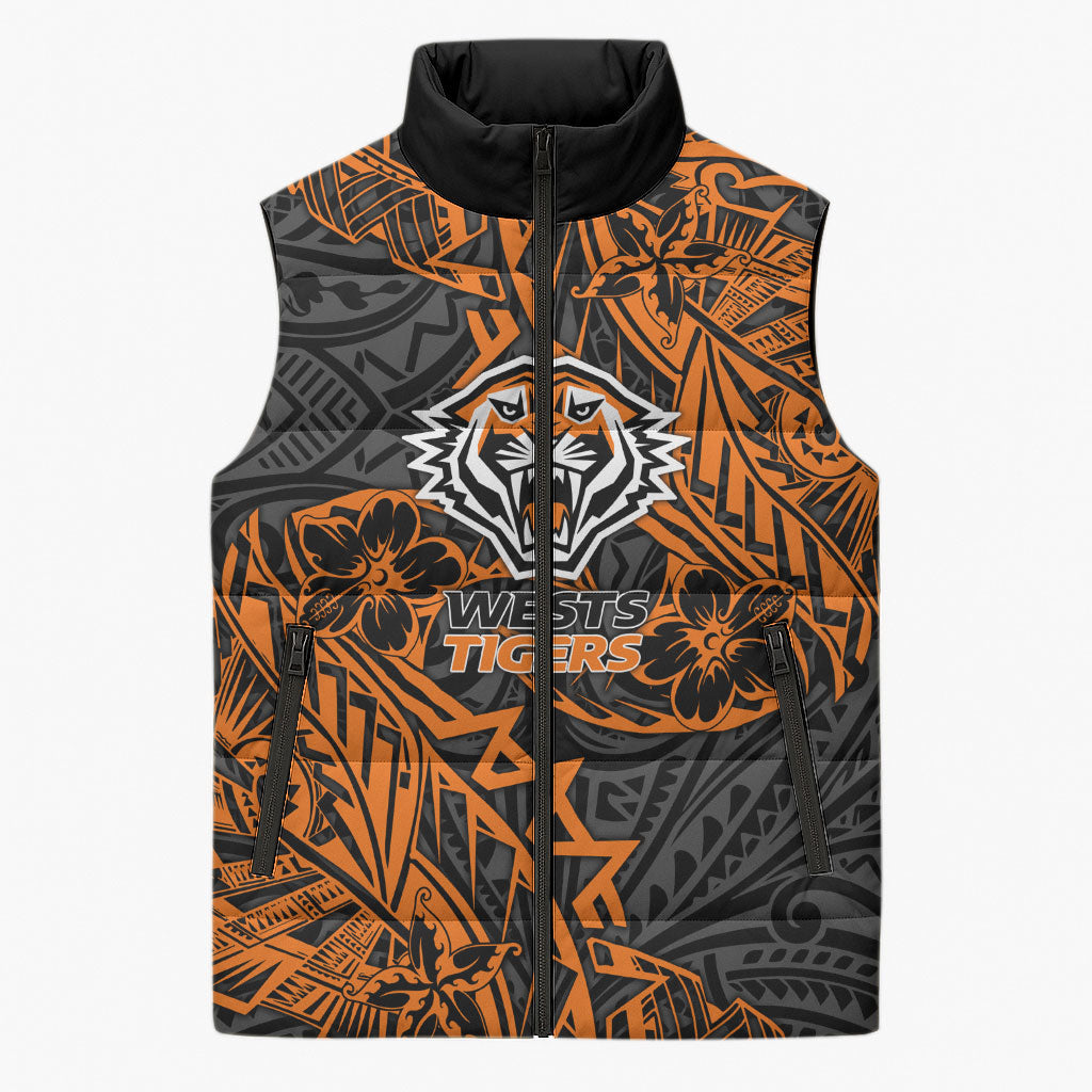 Personalized Wests Tigers Rugby Sleeveless Puffer Jacket Polynesian Tribal Tiger Warrior - Orange Black Art