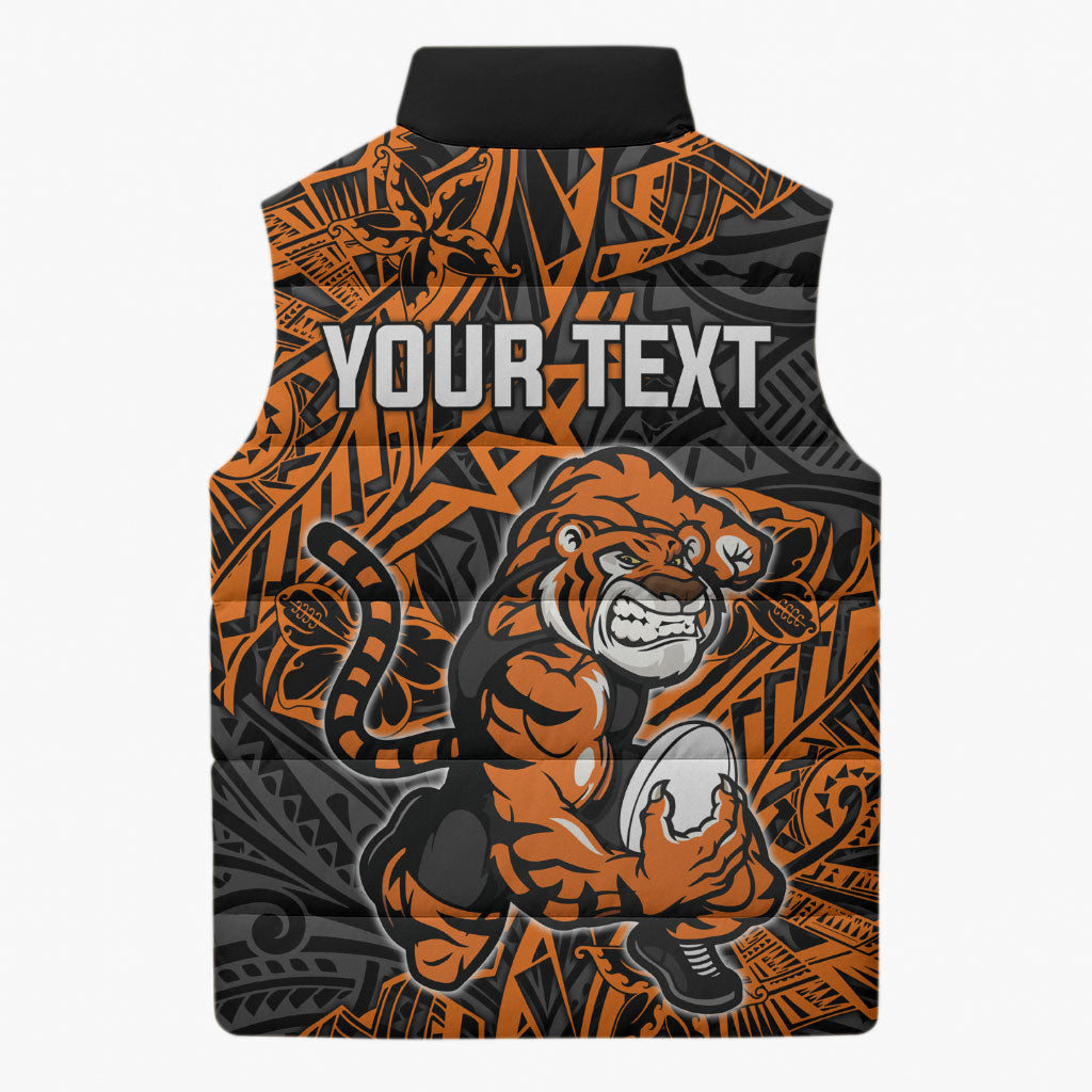 Personalized Wests Tigers Rugby Sleeveless Puffer Jacket Polynesian Tribal Tiger Warrior - Orange Black Art