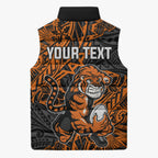 Personalized Wests Tigers Rugby Sleeveless Puffer Jacket Polynesian Tribal Tiger Warrior - Orange Black Art