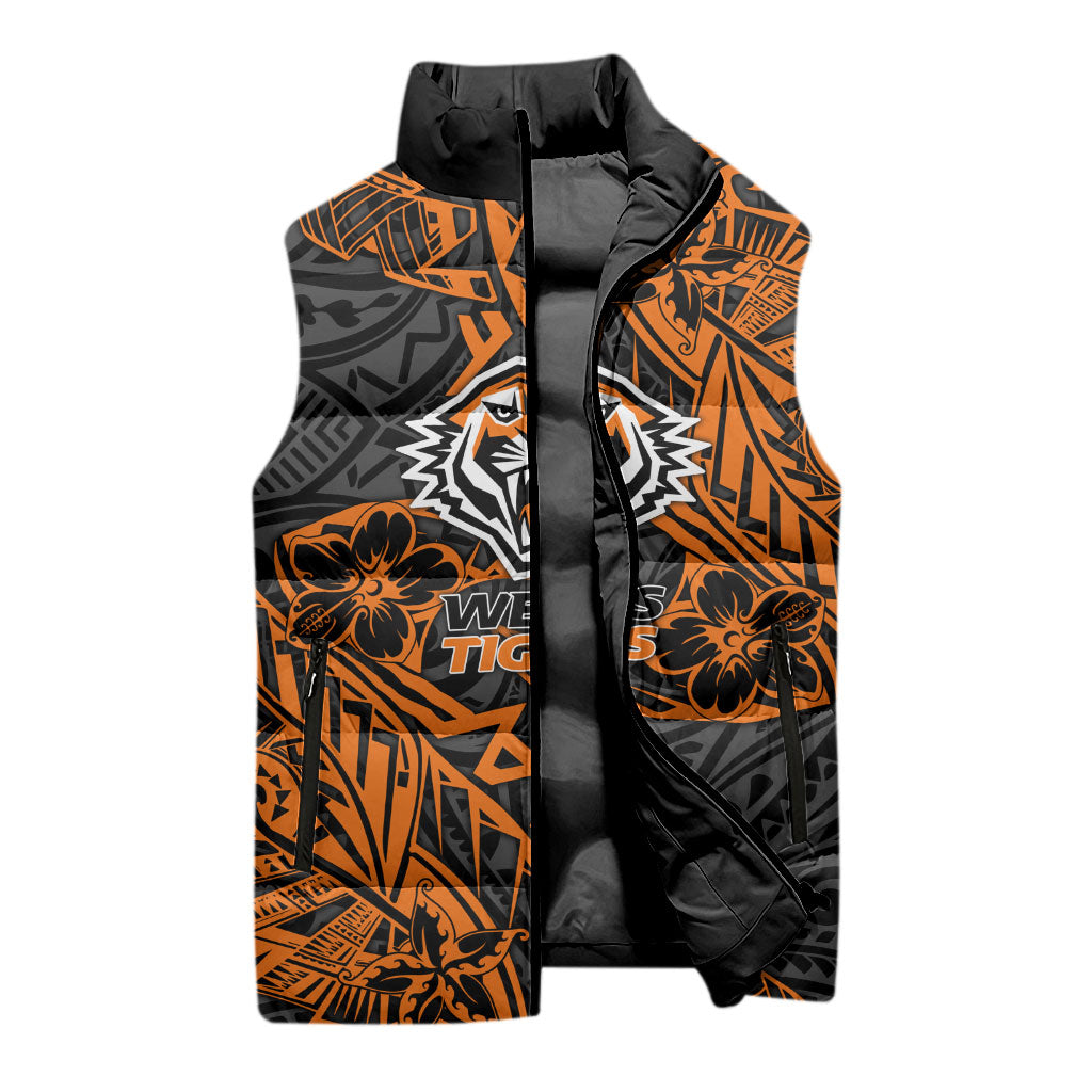 Personalized Wests Tigers Rugby Sleeveless Puffer Jacket Polynesian Tribal Tiger Warrior - Orange Black Art