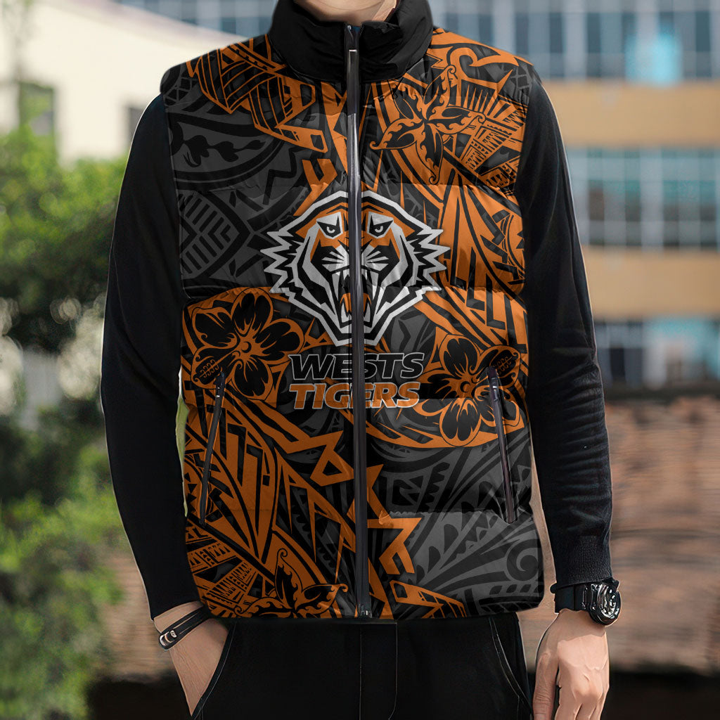 Personalized Wests Tigers Rugby Sleeveless Puffer Jacket Polynesian Tribal Tiger Warrior - Orange Black Art