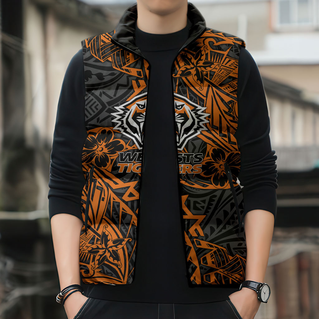 Personalized Wests Tigers Rugby Sleeveless Puffer Jacket Polynesian Tribal Tiger Warrior - Orange Black Art
