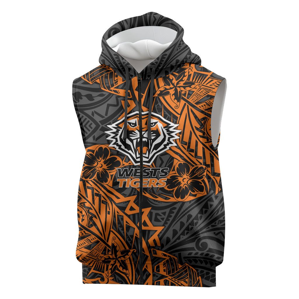 Personalized Wests Tigers Rugby Sleeveless Zip Hoodie Polynesian Tribal Tiger Warrior - Orange Black Art