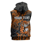 Personalized Wests Tigers Rugby Sleeveless Zip Hoodie Polynesian Tribal Tiger Warrior - Orange Black Art