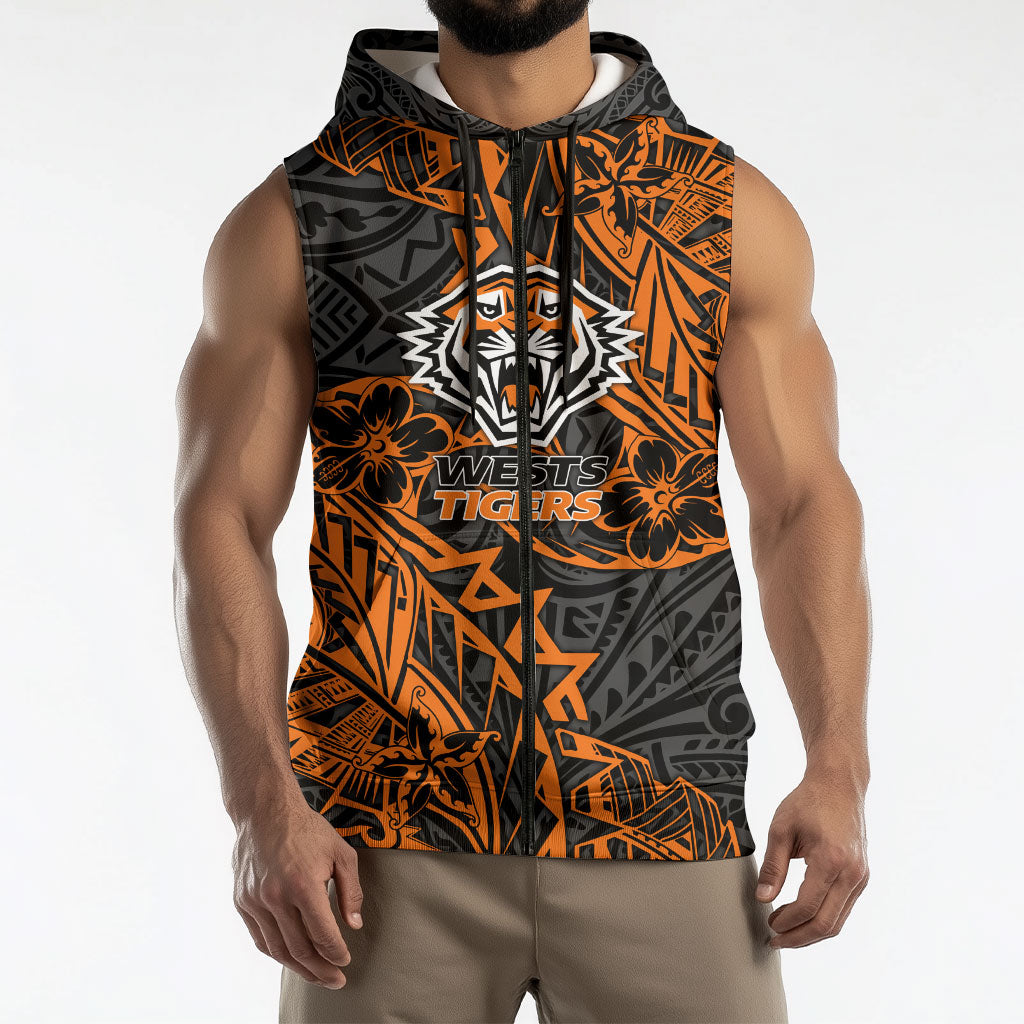 Personalized Wests Tigers Rugby Sleeveless Zip Hoodie Polynesian Tribal Tiger Warrior - Orange Black Art