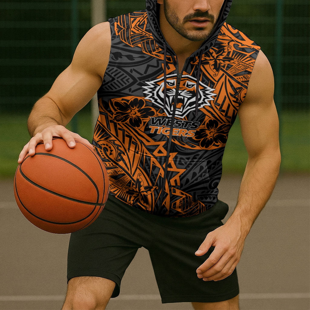 Personalized Wests Tigers Rugby Sleeveless Zip Hoodie Polynesian Tribal Tiger Warrior - Orange Black Art