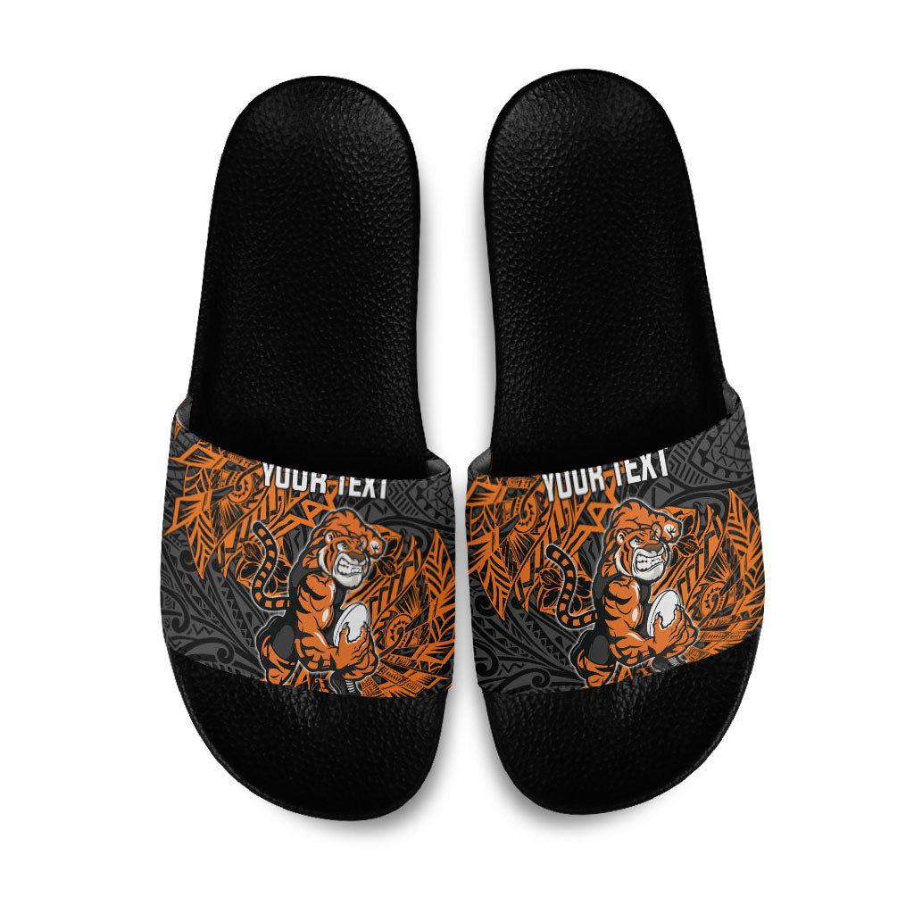 Personalized Wests Tigers Rugby Slide Sandals Polynesian Tribal Tiger Warrior - Orange Black Art