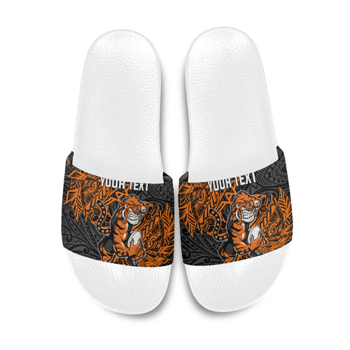 Personalized Wests Tigers Rugby Slide Sandals Polynesian Tribal Tiger Warrior - Orange Black Art