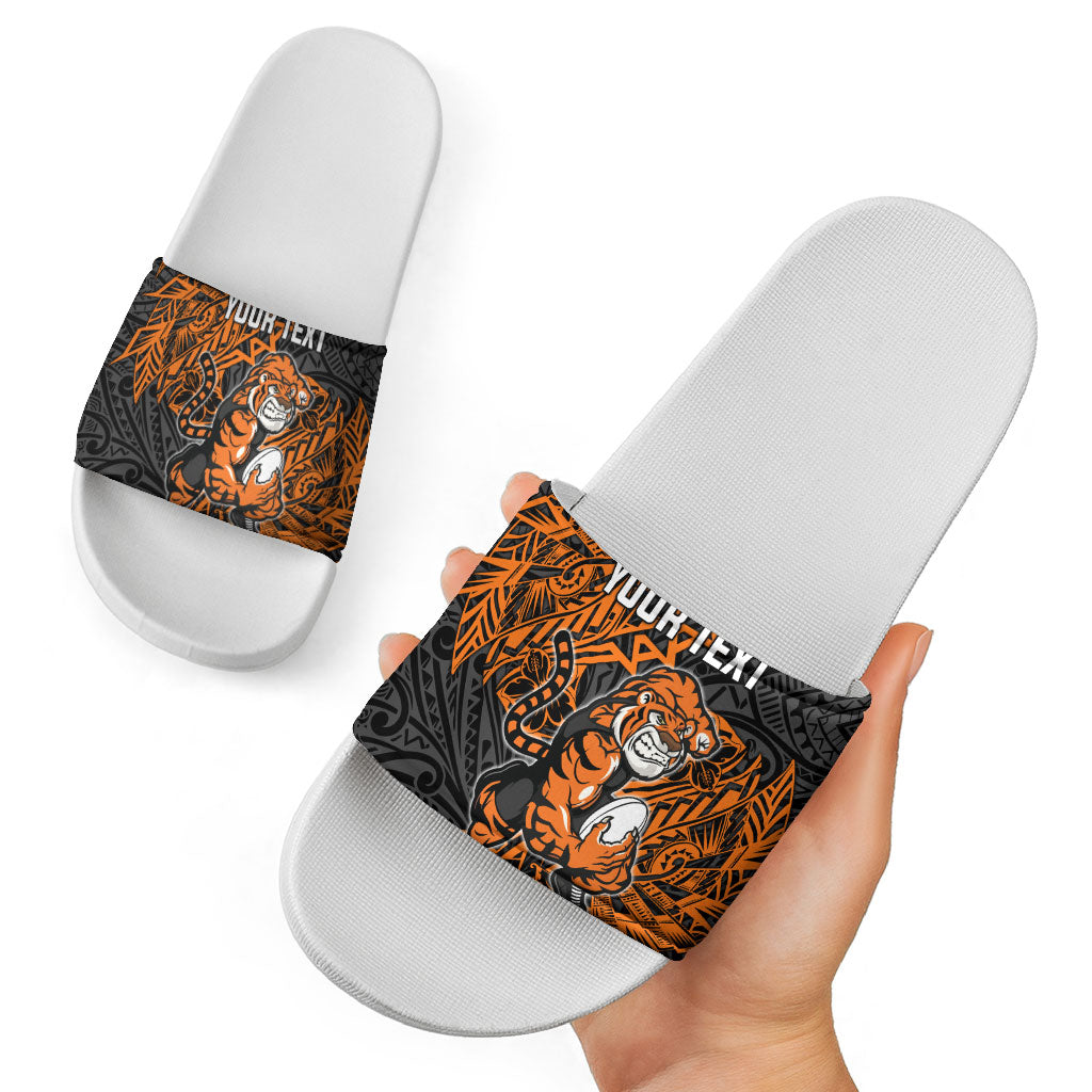 Personalized Wests Tigers Rugby Slide Sandals Polynesian Tribal Tiger Warrior - Orange Black Art