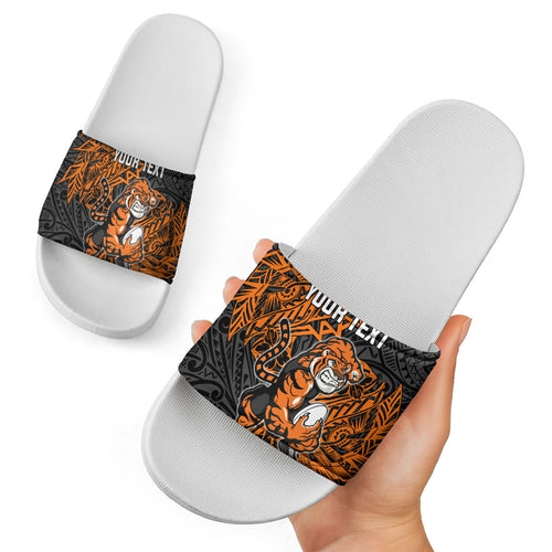 Personalized Wests Tigers Rugby Slide Sandals Polynesian Tribal Tiger Warrior - Orange Black Art