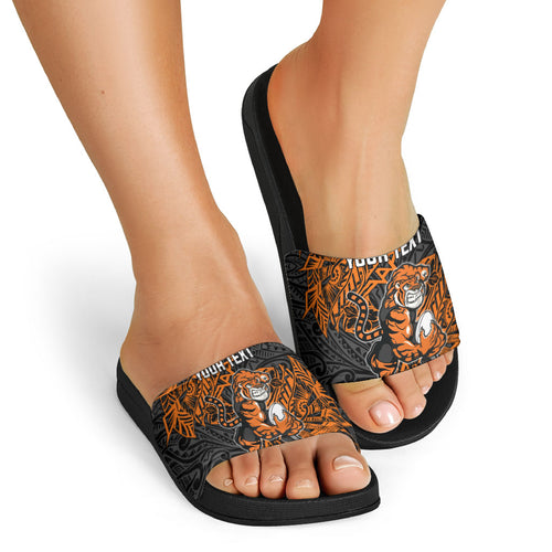 Personalized Wests Tigers Rugby Slide Sandals Polynesian Tribal Tiger Warrior - Orange Black Art
