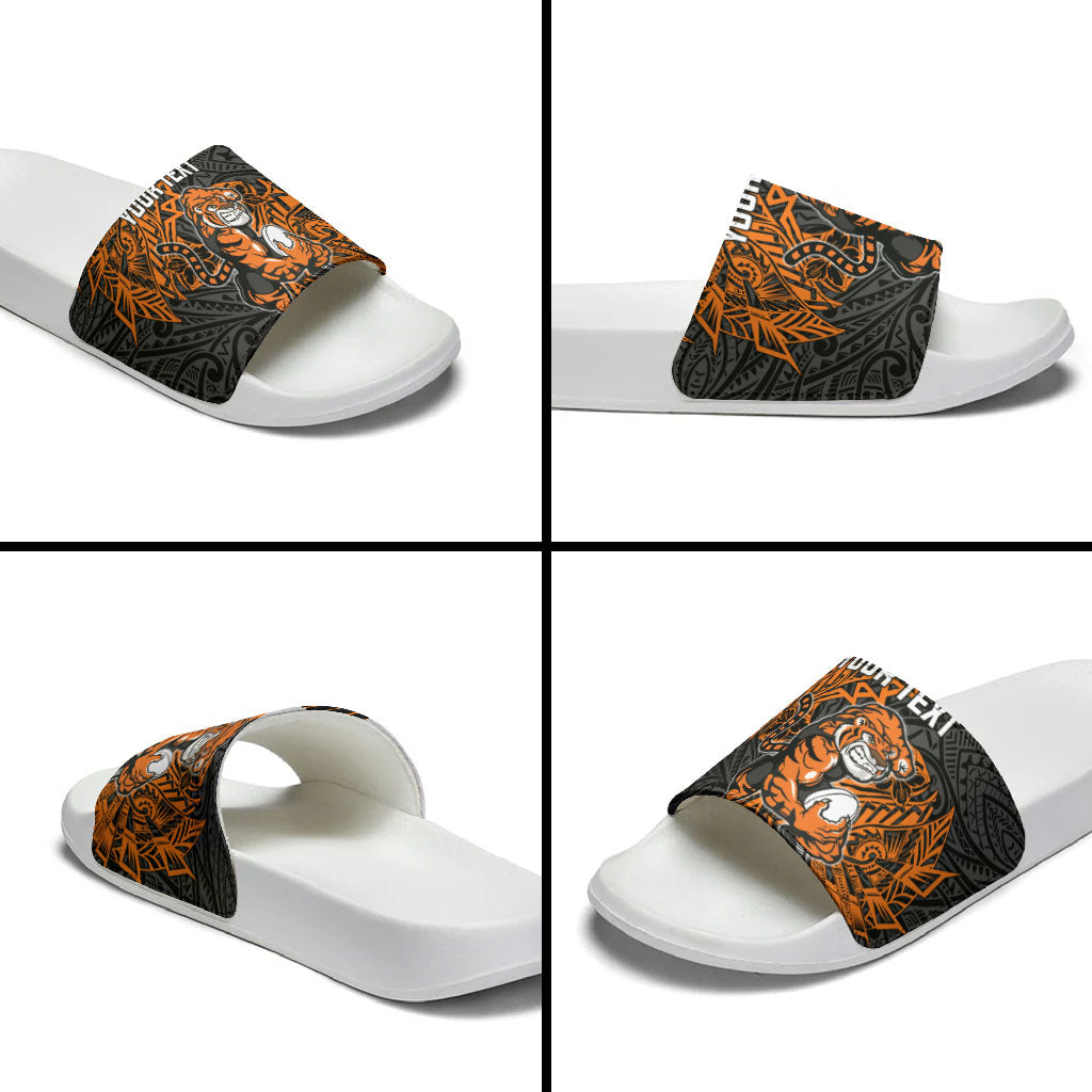 Personalized Wests Tigers Rugby Slide Sandals Polynesian Tribal Tiger Warrior - Orange Black Art