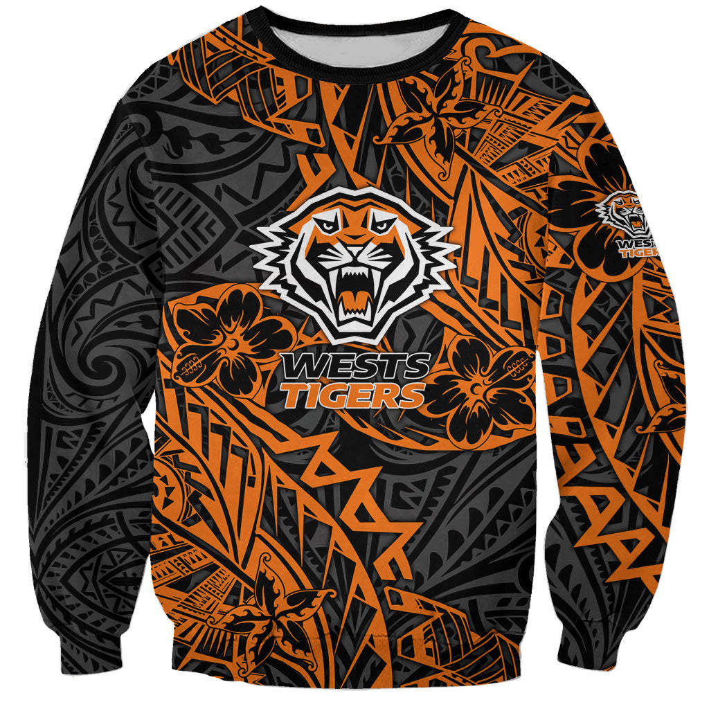 Personalized Wests Tigers Rugby Sweatshirt Polynesian Tribal Tiger Warrior - Orange Black Art