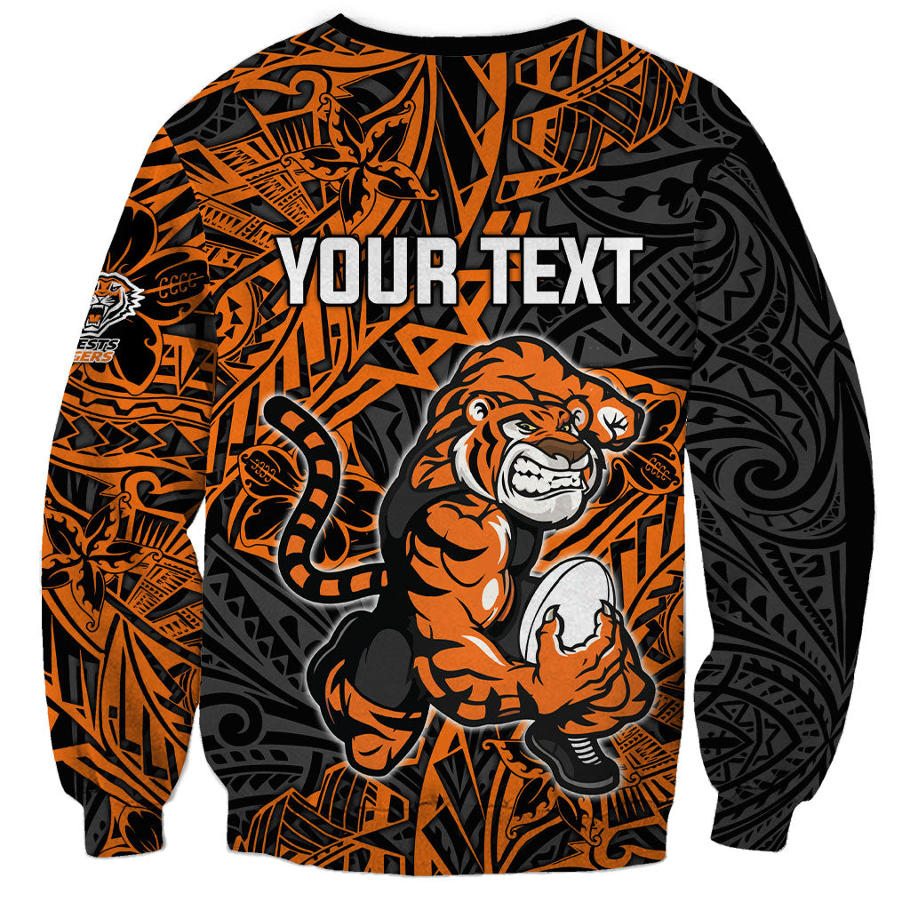 Personalized Wests Tigers Rugby Sweatshirt Polynesian Tribal Tiger Warrior - Orange Black Art