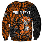 Personalized Wests Tigers Rugby Sweatshirt Polynesian Tribal Tiger Warrior - Orange Black Art