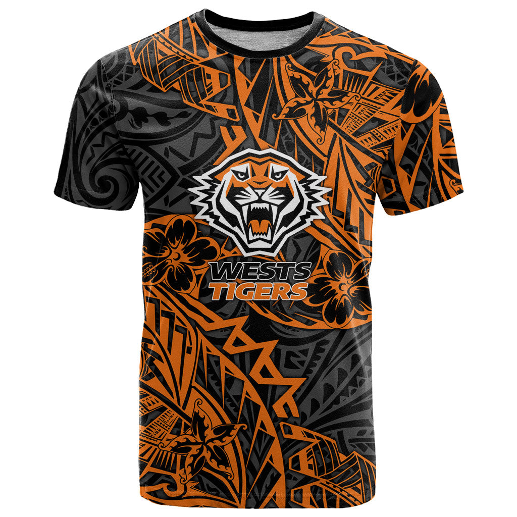Personalized Wests Tigers Rugby T Shirt Polynesian Tribal Tiger Warrior - Orange Black Art