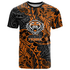 Personalized Wests Tigers Rugby T Shirt Polynesian Tribal Tiger Warrior - Orange Black Art