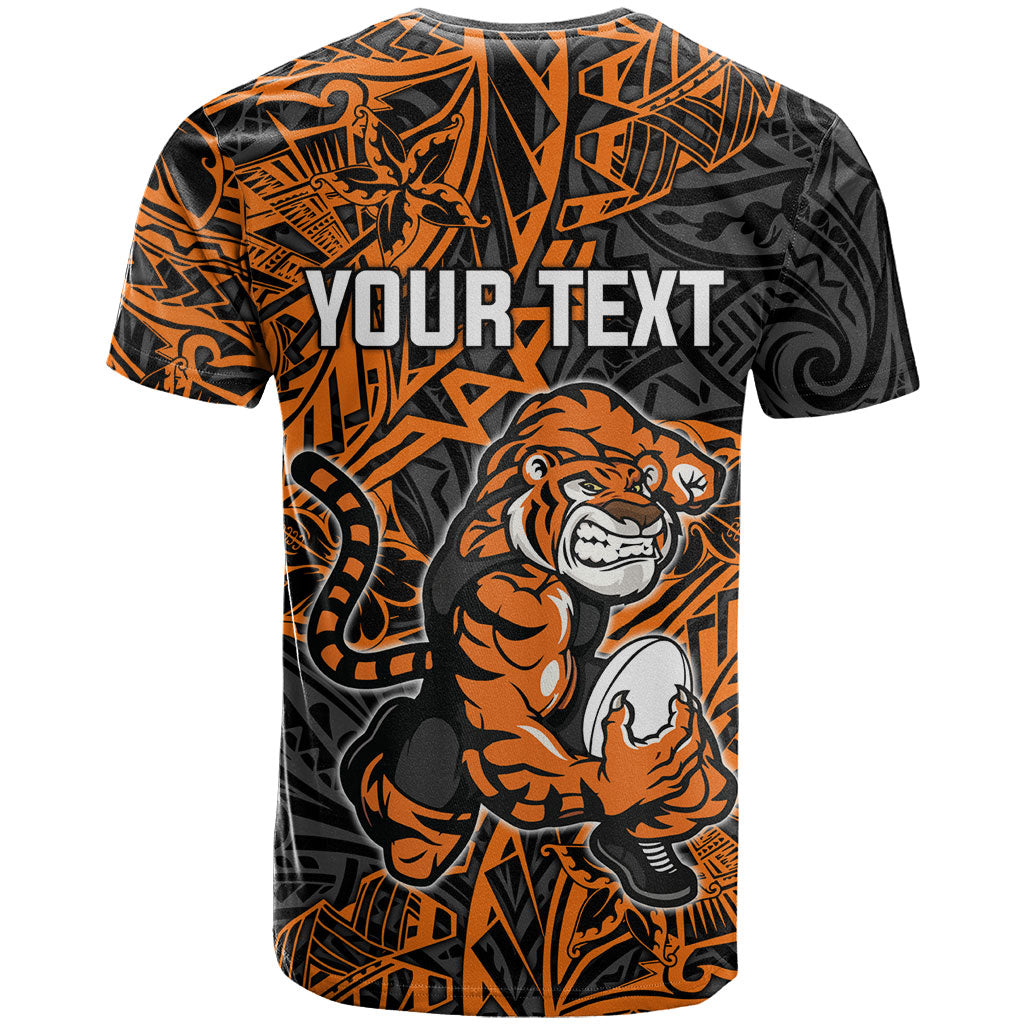 Personalized Wests Tigers Rugby T Shirt Polynesian Tribal Tiger Warrior - Orange Black Art