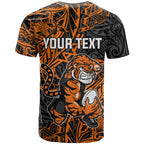 Personalized Wests Tigers Rugby T Shirt Polynesian Tribal Tiger Warrior - Orange Black Art