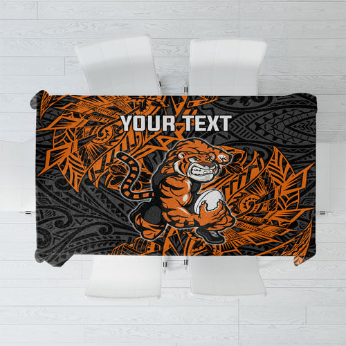 Personalized Wests Tigers Rugby Tablecloth Polynesian Tribal Tiger Warrior - Orange Black Art