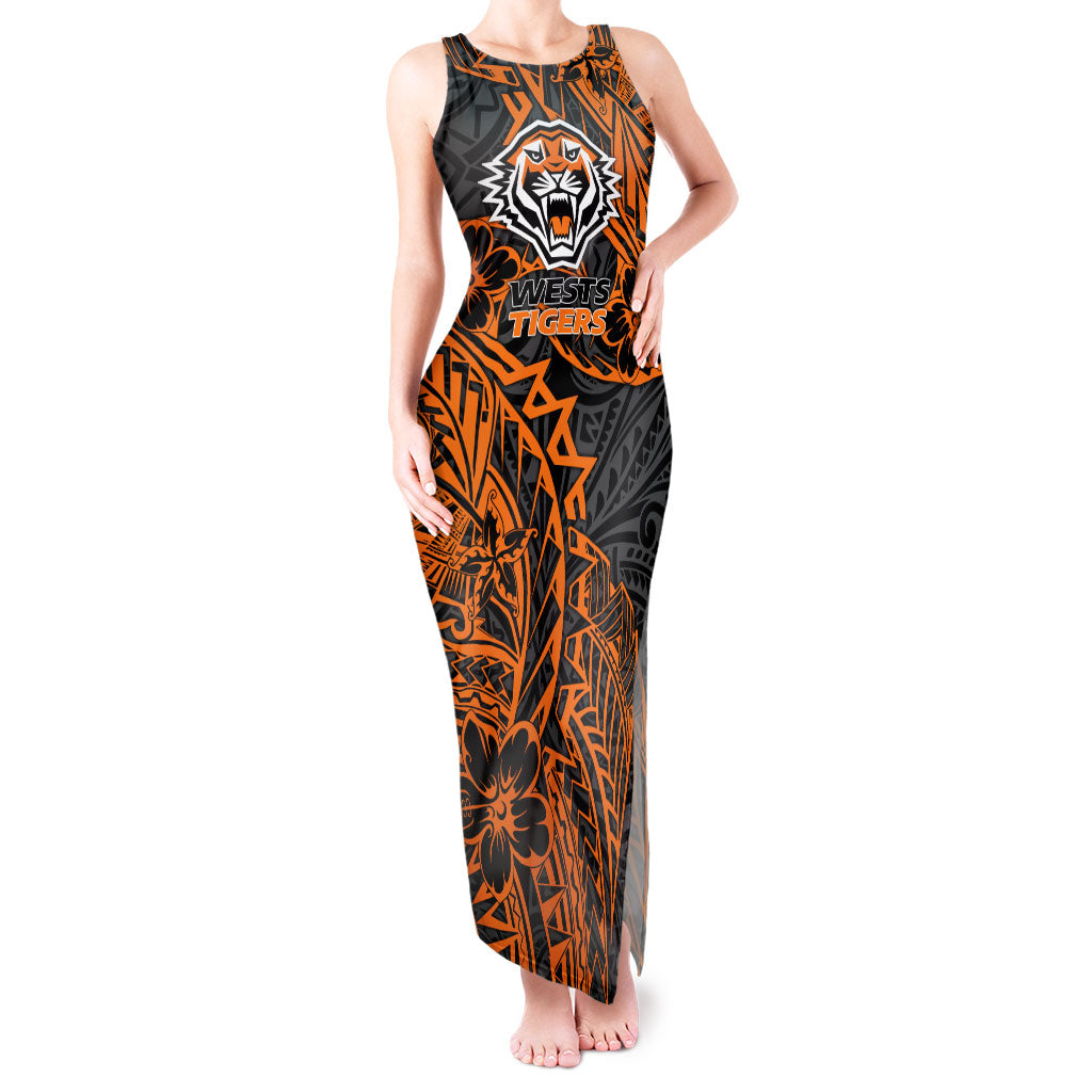 Personalized Wests Tigers Rugby Tank Maxi Dress Polynesian Tribal Tiger Warrior - Orange Black Art
