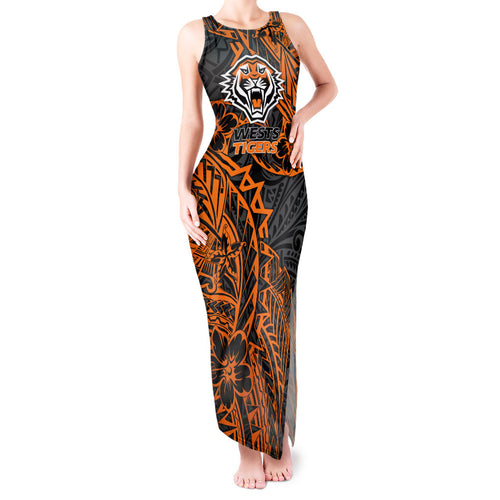 Personalized Wests Tigers Rugby Tank Maxi Dress Polynesian Tribal Tiger Warrior - Orange Black Art