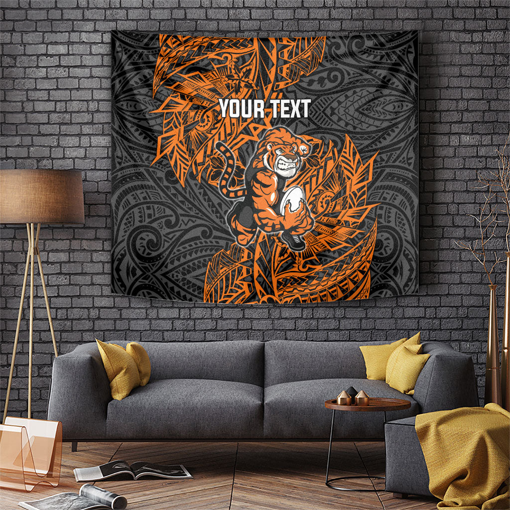Personalized Wests Tigers Rugby Tapestry Polynesian Tribal Tiger Warrior - Orange Black Art
