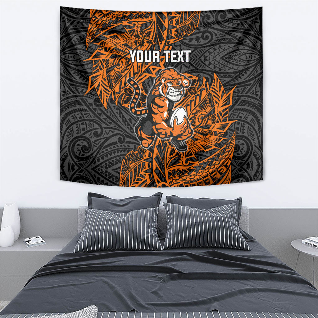 Personalized Wests Tigers Rugby Tapestry Polynesian Tribal Tiger Warrior - Orange Black Art