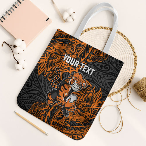 Personalized Wests Tigers Rugby Tote Bag Polynesian Tribal Tiger Warrior - Orange Black Art
