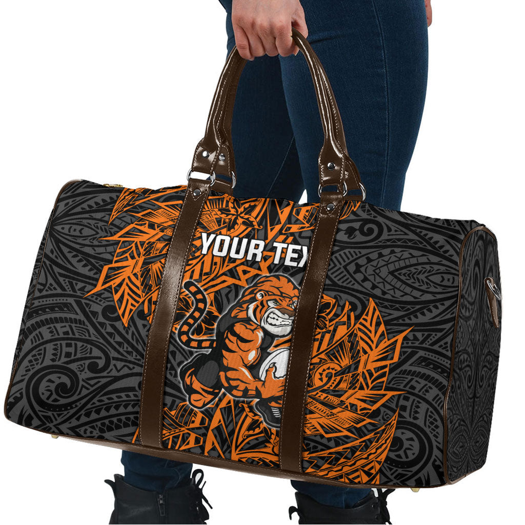 Personalized Wests Tigers Rugby Travel Bag Polynesian Tribal Tiger Warrior - Orange Black Art