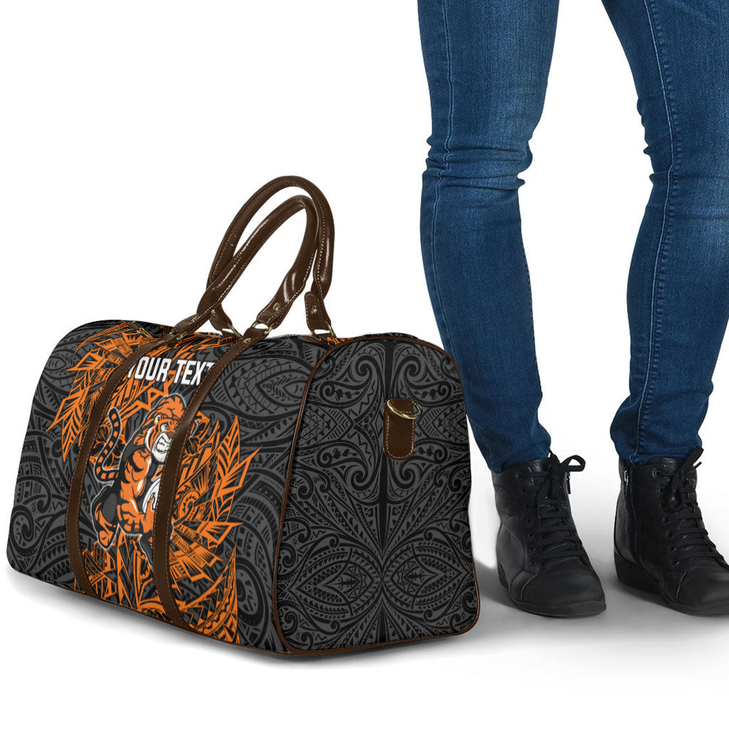 Personalized Wests Tigers Rugby Travel Bag Polynesian Tribal Tiger Warrior - Orange Black Art