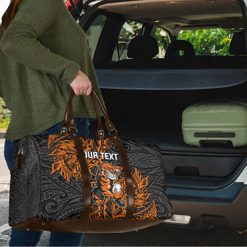 Personalized Wests Tigers Rugby Travel Bag Polynesian Tribal Tiger Warrior - Orange Black Art