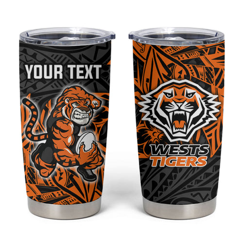 Personalized Wests Tigers Rugby Tumbler Cup Polynesian Tribal Tiger Warrior - Orange Black Art
