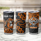 Personalized Wests Tigers Rugby Tumbler Cup Polynesian Tribal Tiger Warrior - Orange Black Art