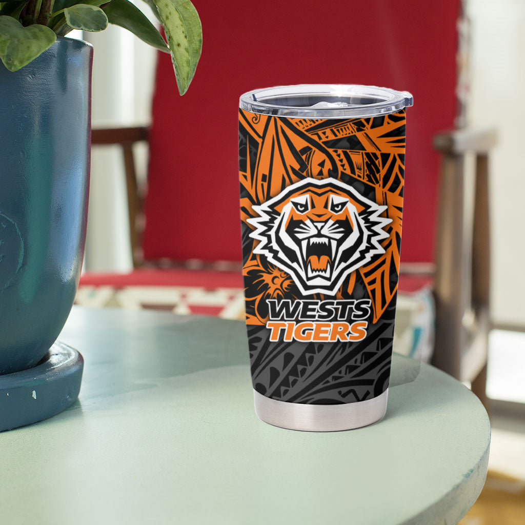 Personalized Wests Tigers Rugby Tumbler Cup Polynesian Tribal Tiger Warrior - Orange Black Art