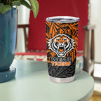 Personalized Wests Tigers Rugby Tumbler Cup Polynesian Tribal Tiger Warrior - Orange Black Art